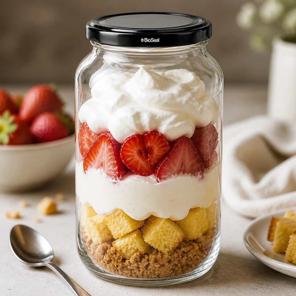 UNiTWIST Rundglas 1062 mit schwarzem TO82 BioSeal Deckel als Dessertglas mit Erdbeeren und Sahne Schichtdessert