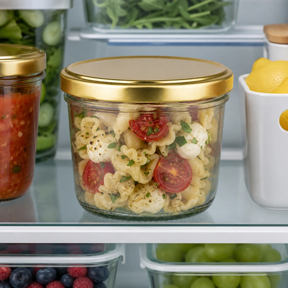 230 ml:n juomapullot, joissa on BasicSeal-kansi kultainen UNiTWIST. 230ml BasicSeal gold -mukit jääkaapissa täynnä pastasalaattia muiden säilytysastioiden ohella.