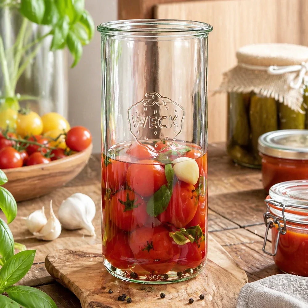 1500ml WECK RR100 -muuraripurkki, jossa on marinoituja tomaatteja puulautalla, ympärillä tuoreita tomaatteja ja säilöntäpurkkeja.