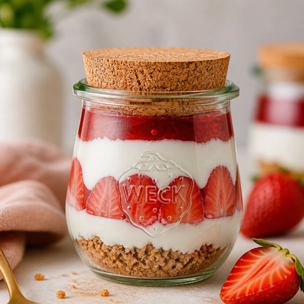 220ml tulppaanipurkki WECK RR60 korkilla luonnonmukainen WECK Tulpenglas 220ml RR60 mit Korken für Desserts Joghurt und Overnight Oats kreative Küchendeko mit Erdbeeren