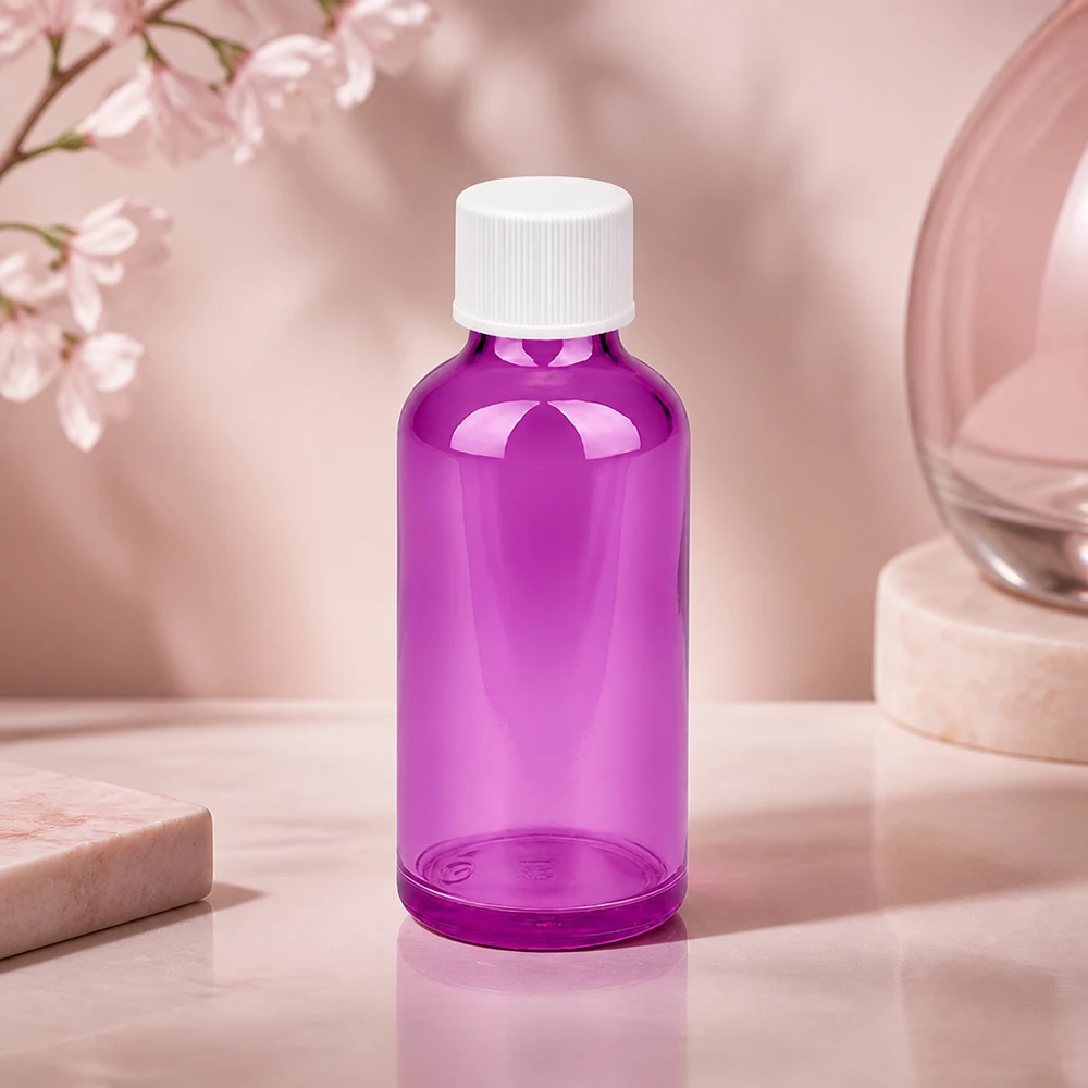 Tyylikäs 50ml pullo PurpleLine-muotoilulla ja valkoisella kierrekorkilla tyylikkääseen tuote-esittelyyn.