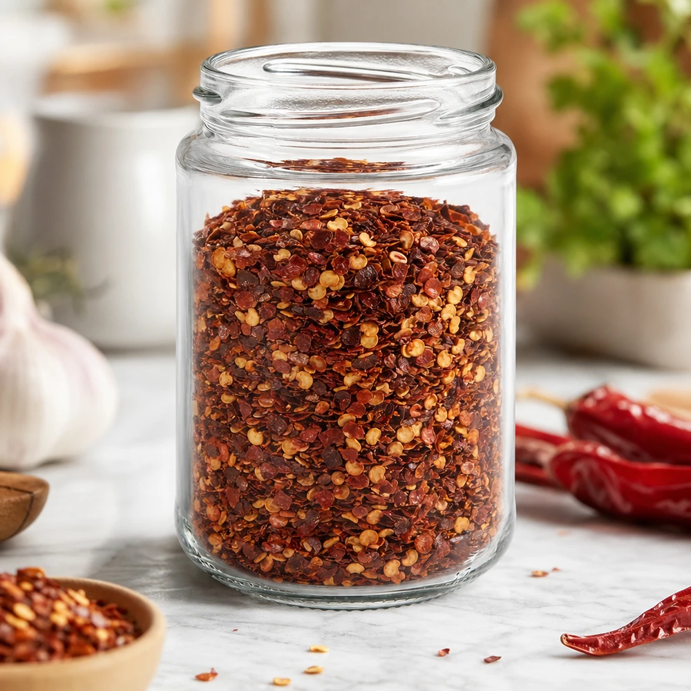390ml pyöreä purkki ilman kantta (TO70) UNiTWIST UNiTWIST UNiTWIST Runda390 pyöreä purkki 390ml TO70 täynnä chilimausteseosta keittiössä chilipaprikoiden kera