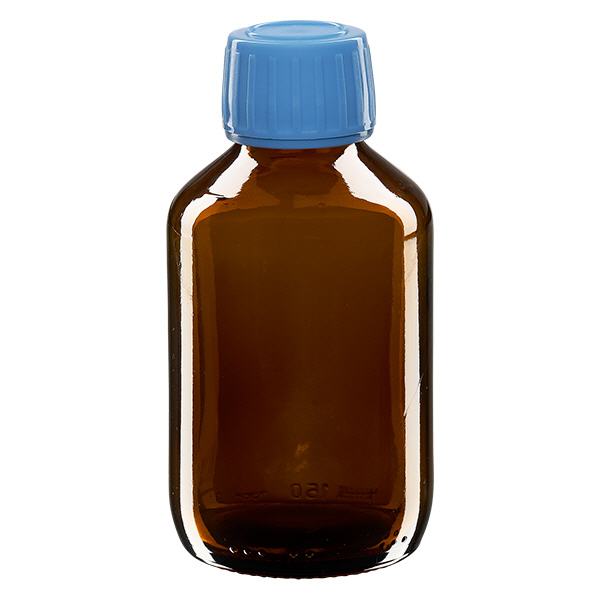 150 ml:n lääkepullo ruskea, sininen korkki, jossa on sinetöintiturvallinen rengas ApoGlas. 150 ml:n lääkepullo ruskea, sininen korkki, jossa on sinetöintiturvallinen rengas ApoGlas.
