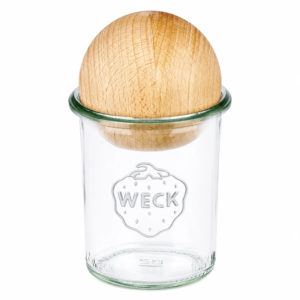 160ml WECK RR60 muurauspurkki, jossa on pyökkipuinen pallokansi, läpinäkyvä säilöntätölkki puukannella