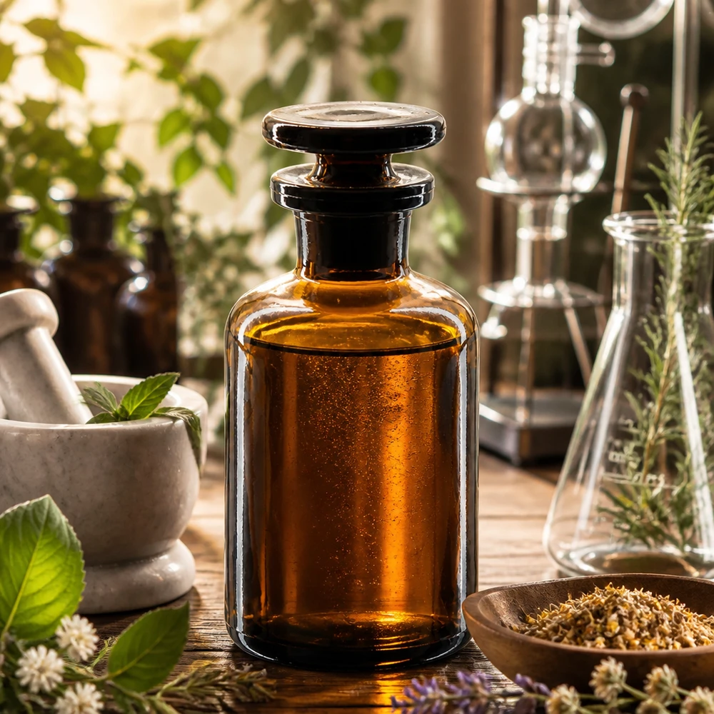 Pyöreä olkapääpullo 50ml ruskea kapeakaulainen lasitulppa Pieni, kapeakaulainen 50 ml:n laboratoriopullo ruskeasta lasista, hiotulla lasitulpalla, valolta suojattu