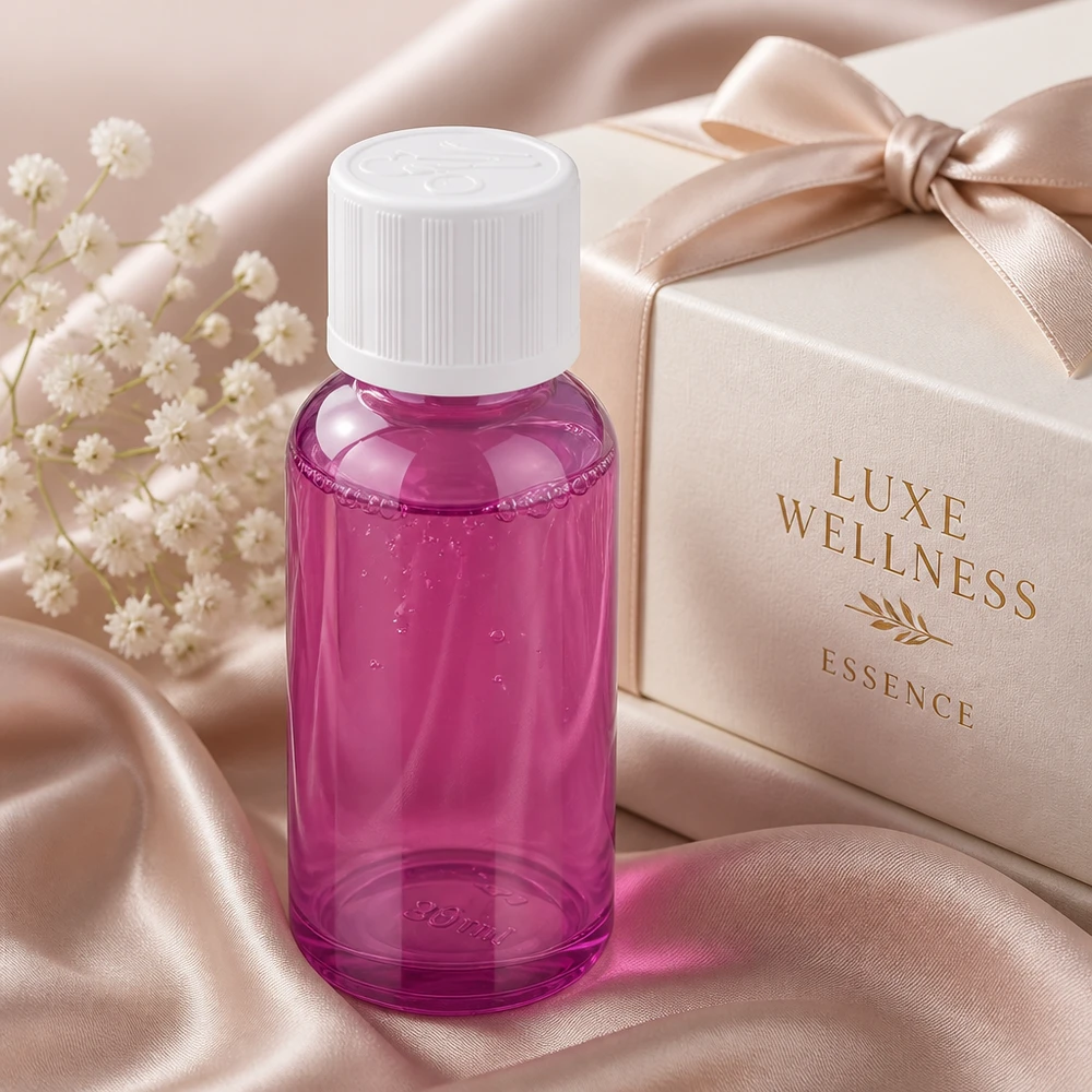 Pienikokoinen 30ml violetti lasipullo, jossa on kestävä valkoinen muovikorkki turvallista kuljetusta varten.
