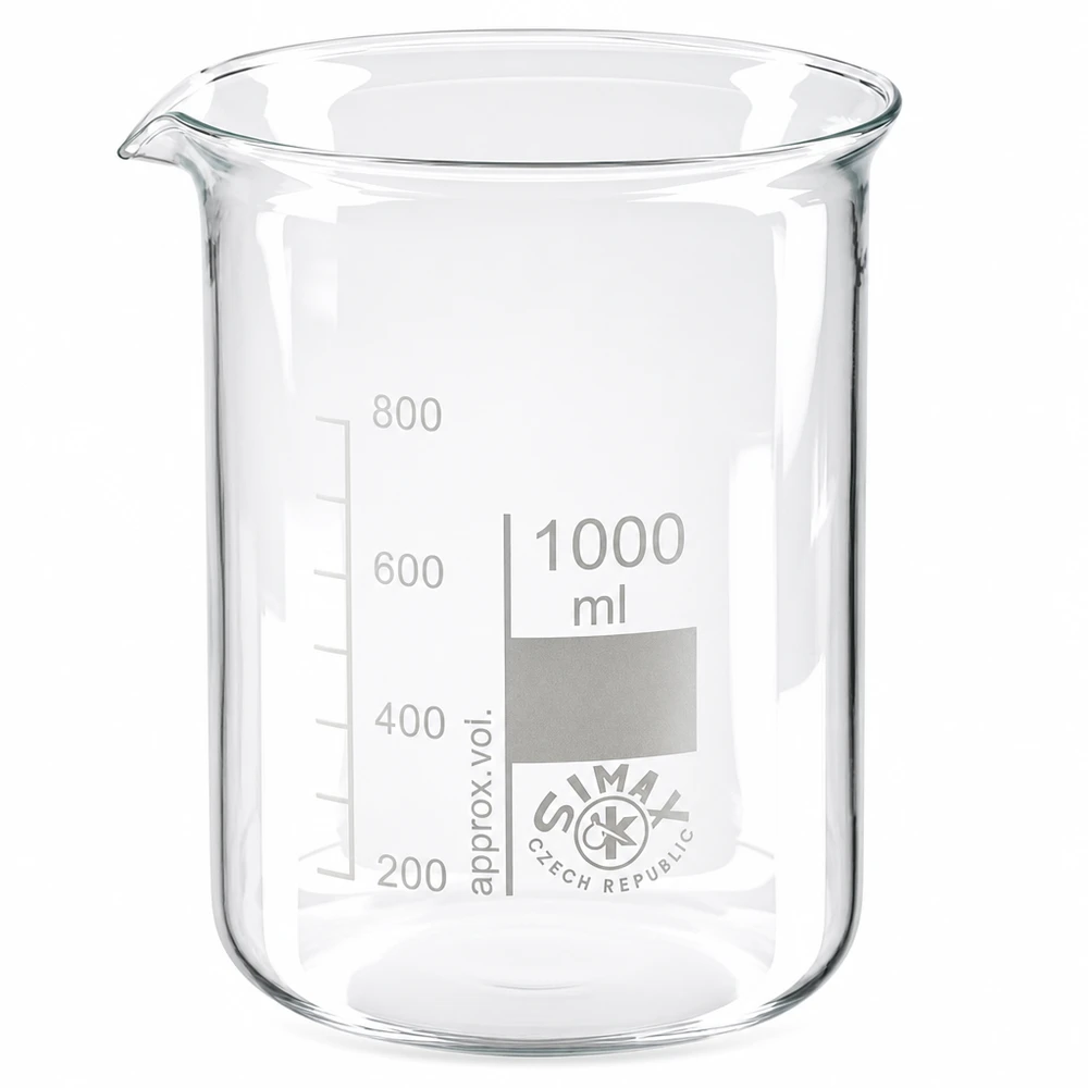 Juomalasi 1000ml borosilikaattilasi, matala muoto - Matalan muotoinen Matalamuotoinen juomalasi 1000ml borosilikaattilasi, jossa on nokka tarkkaan laboratoriotyöskentelyyn.
