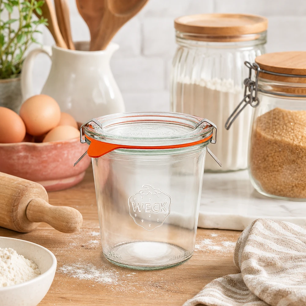 290ml korkea lasipurkki täydellinen WECK RR80 WECK tumblers 290ml RR80 tyhjä luonnollisessa keittiöympäristössä, jossa on leivonta-aineita jauhoja munia ja puisia välineitä.