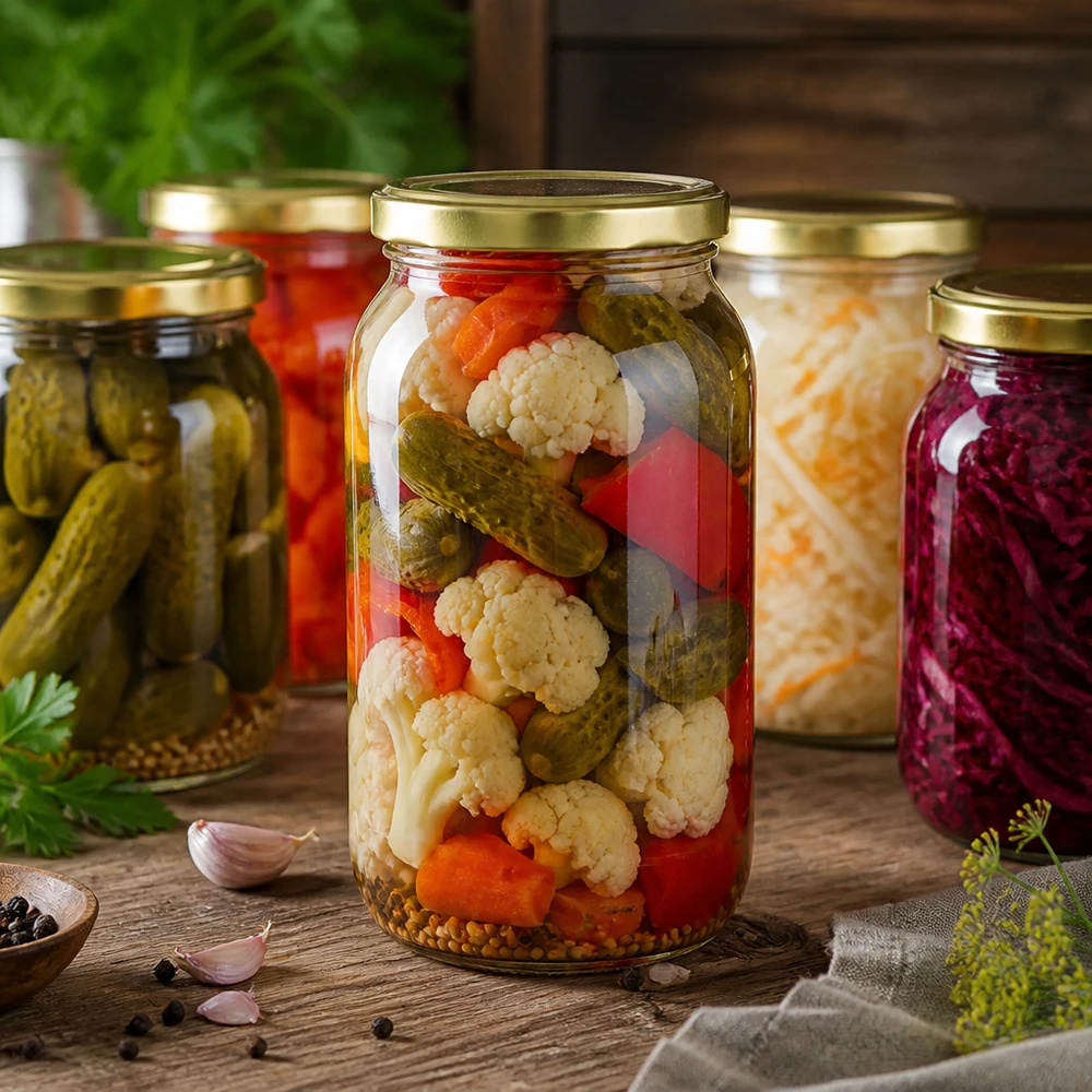 1062ml pyöreä purkki BasicSeal-kannella kultainen UNiTWIST 1062ml pyöreä purkki kultaisella UNiTWIST-kannella marinoituja vihanneksia ja fermentoituja ruokia varten.
