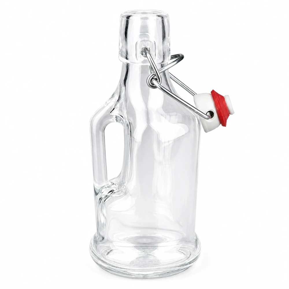 200ml Glasflasche "Bertha" + Porzellan Bügelverschluss UNiTW Lasipullo Bertha 200ml, jossa on punainen kumirengas yläosassa ja kahva Yksityiskohta sivulta UNiTW