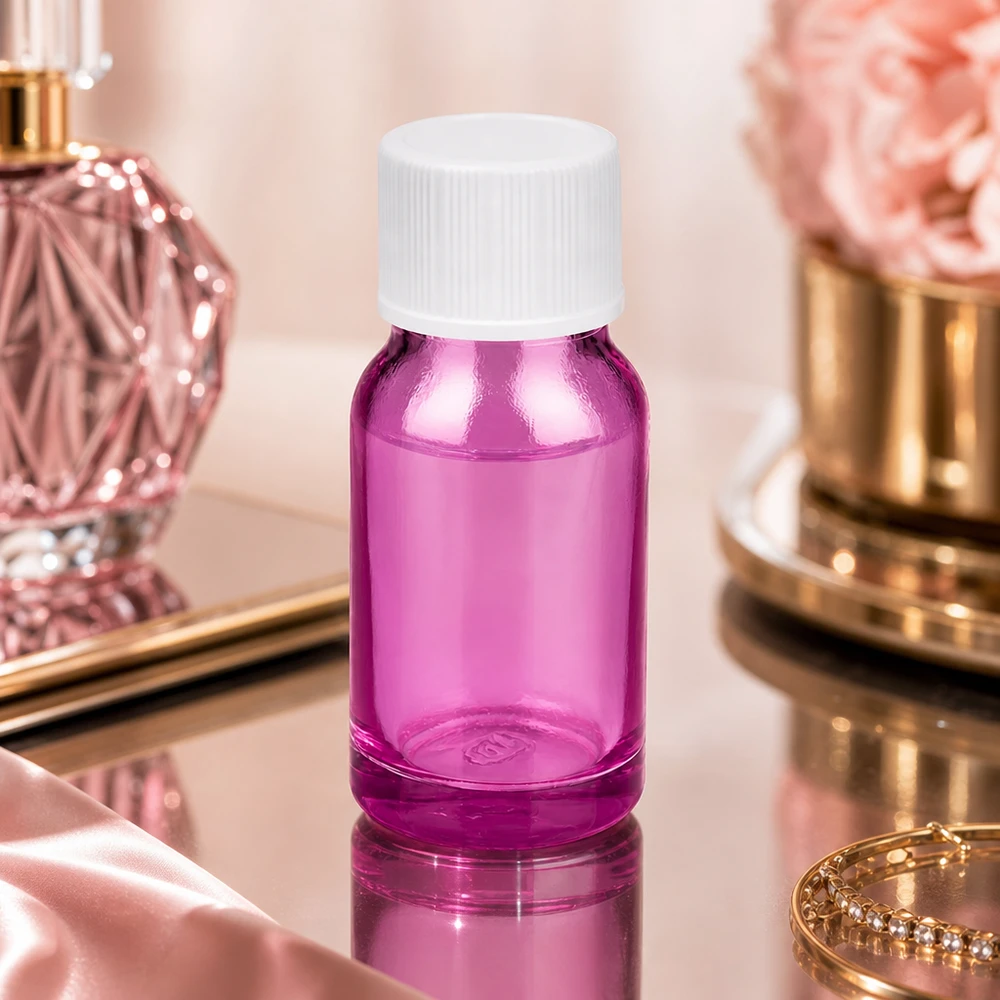 10ml violetti lasipullo valkoisella kierrekorkilla, täydellinen DIY kosmetiikkaan ja seerumeihin.