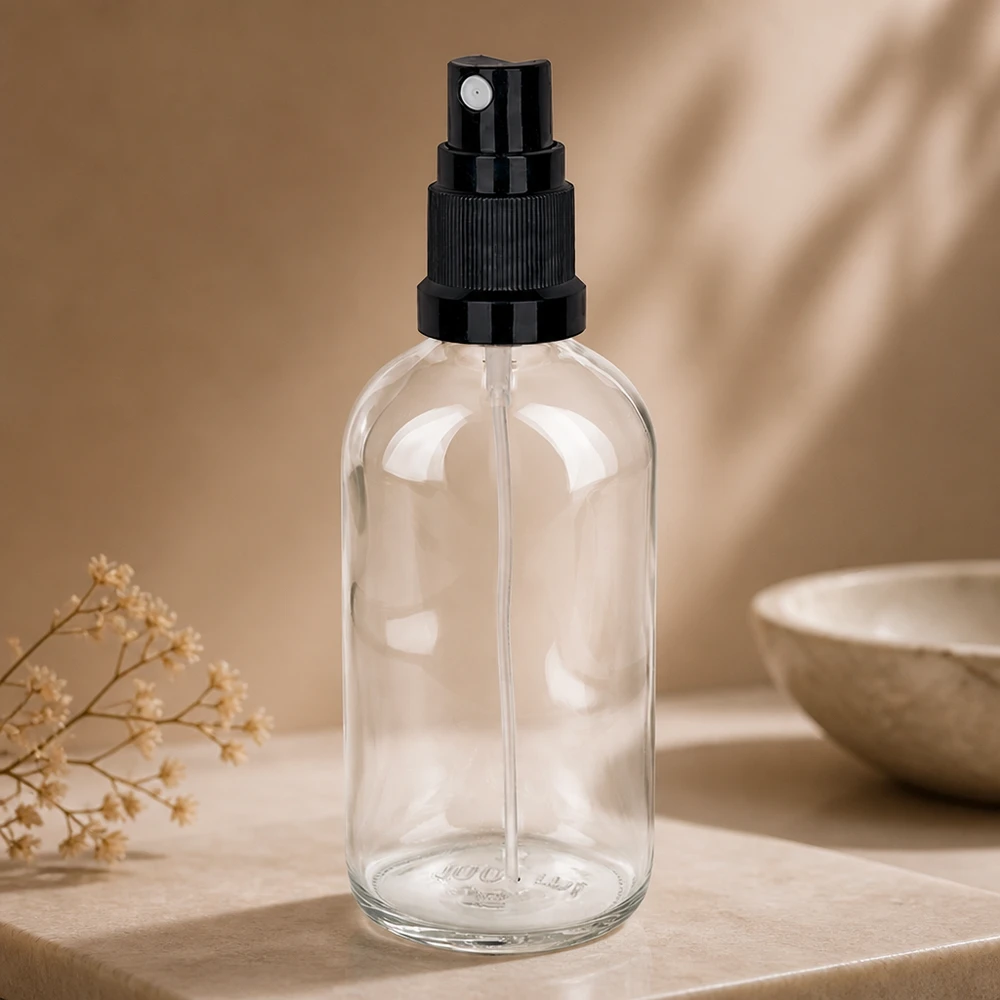 100ml suihkepullo musta vakiokorkki ClearLine UT18/100 Läpinäkyvä 100 ml:n lasinen suihkepullo, jossa on musta hienosumutussuutin vaalealla marmorijalustalla