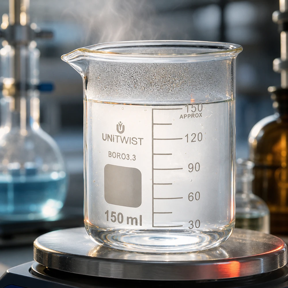 UNiTwist-lasimuki 150 ml, borosilikaattia, matala malli, laboratoriovaa’alla, kuumalla vedellä ja höyryllä