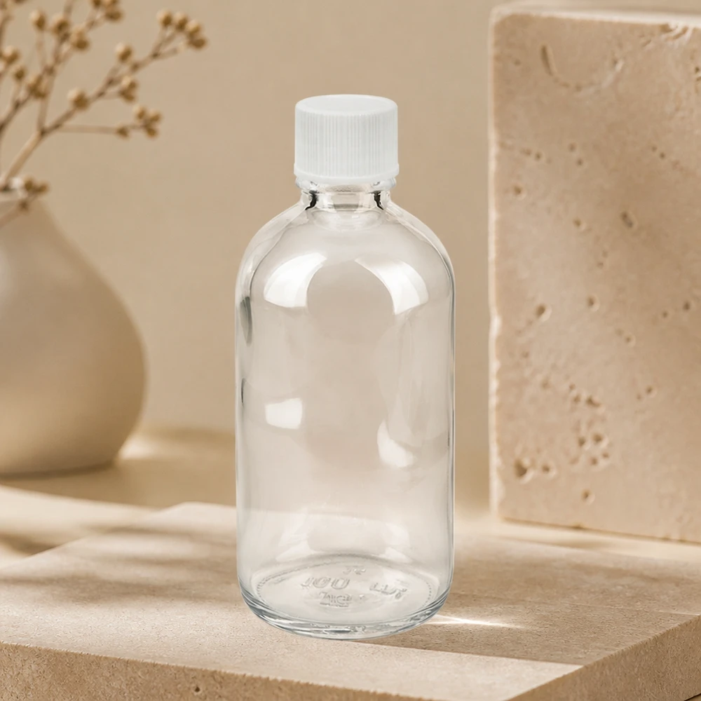 Tyhjä 100 ml:n apteekkipullo, kirkas lasi, valkoinen kierrekorkki, STD ClearLine -lääkepakkaus
