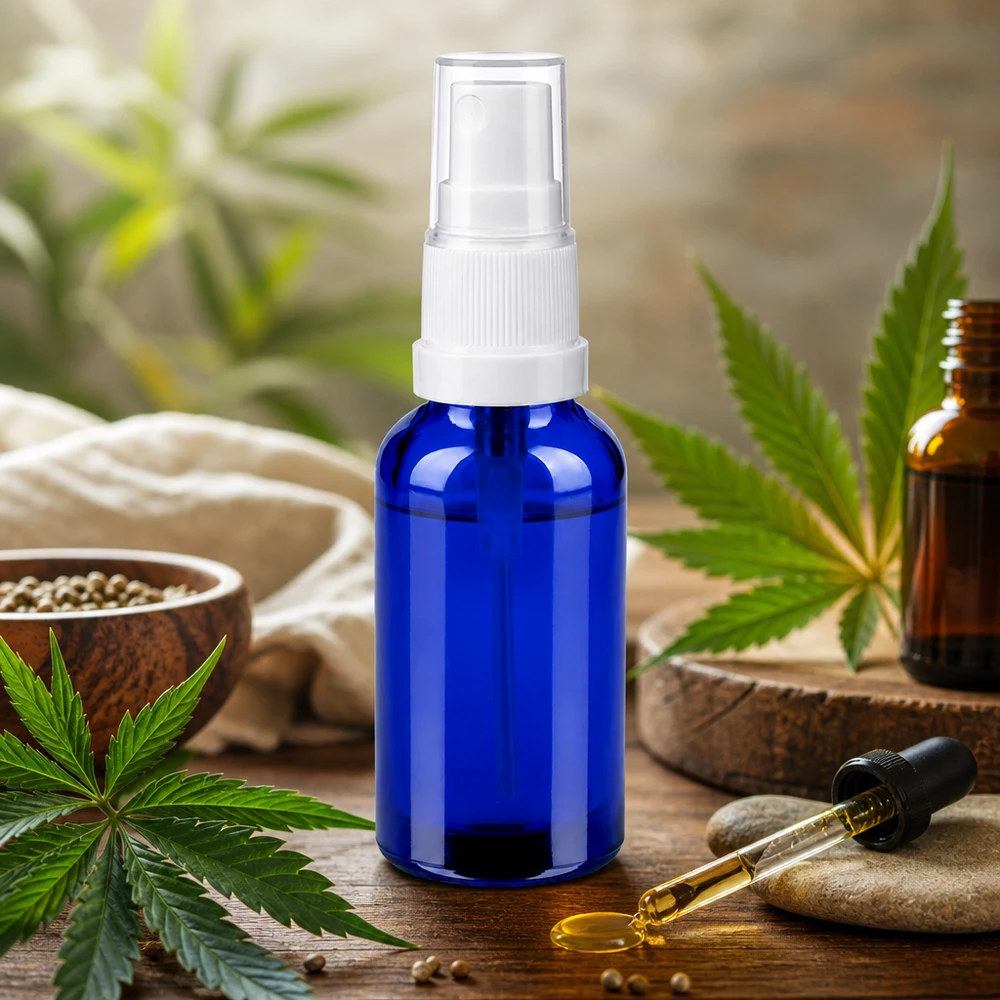 30ml suihkepullo valkoinen/läpinäkyvä vakiokorkki BlueLine UT18/30 30ml sininen lasipullo, jossa on läpinäkyvä suihkupää luonnolliseen ihonhoitoon ja hyvinvointiin.