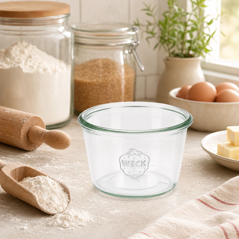 WECK lasipurkki 370ml RR100 keittiössä, jossa on leivonta-ainekset ja keittiövälineet