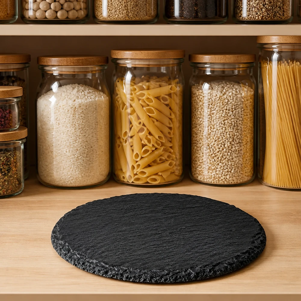 Liuskekivilaatta pyöreä 150mm puuhyllyllä ruokakomeron edessä, jossa on pastaa ja mausteita lasipurkeissa luonnollisena tarjoilulautana.