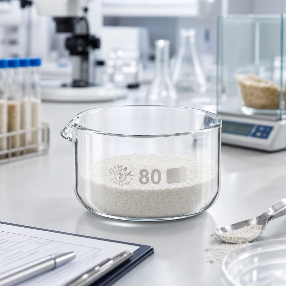 150ml kiteytysmalja, jossa on suulake borosilikaatti ø80mm 150 ml:n kiteytysastia, jossa on valkoista jauhetta, laboratoriovaa’an ja mikroskoopin edessä, ø80 mm