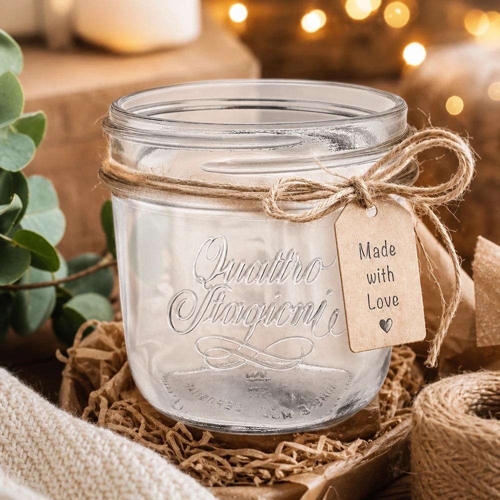 200ml Quattro Stagioni -korupurkki, jossa on juuttinauha ja Made with Love -riipus maalaismaisella koristeella.