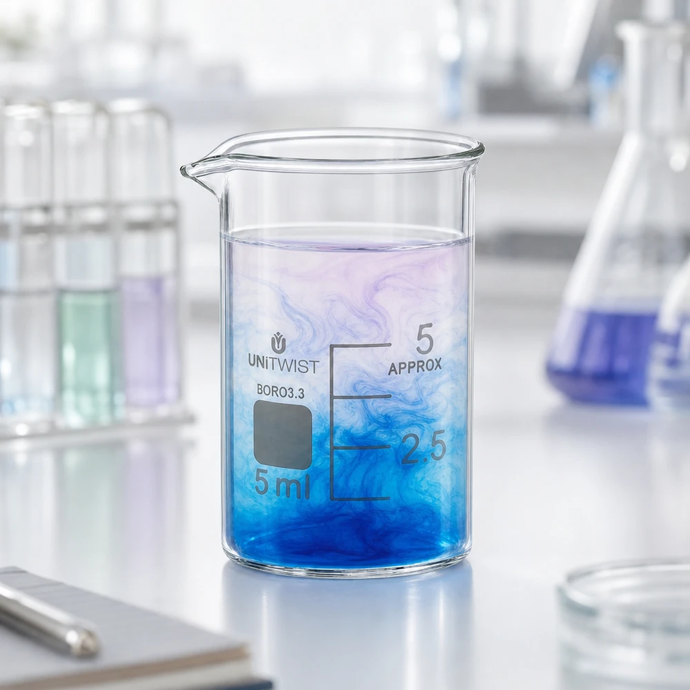 Pieni 5 ml:n laboratoriomuki, valmistettu borosilikaattilasista 3.3, sinisellä värisävyllä ja asteikolla