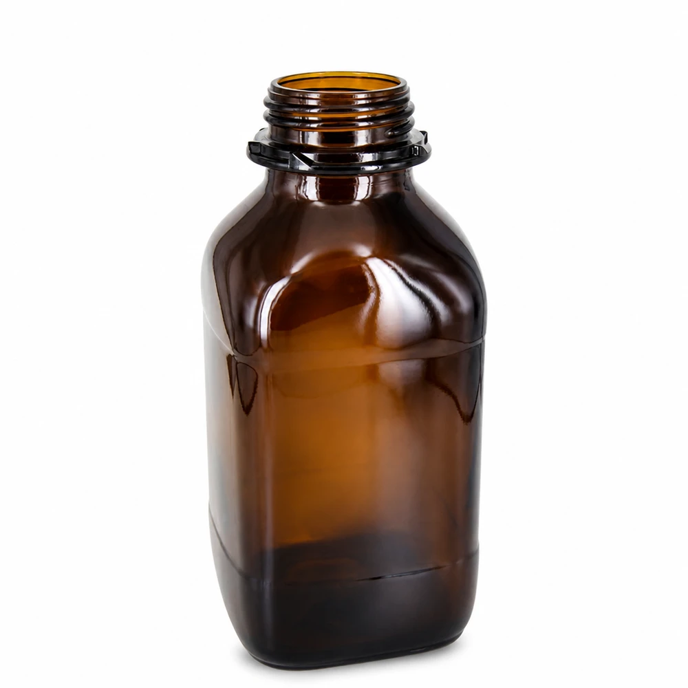 1000ml kemikaalipullo meripihkalasista, jossa on ruuvikierre laboratoriokäyttöön.