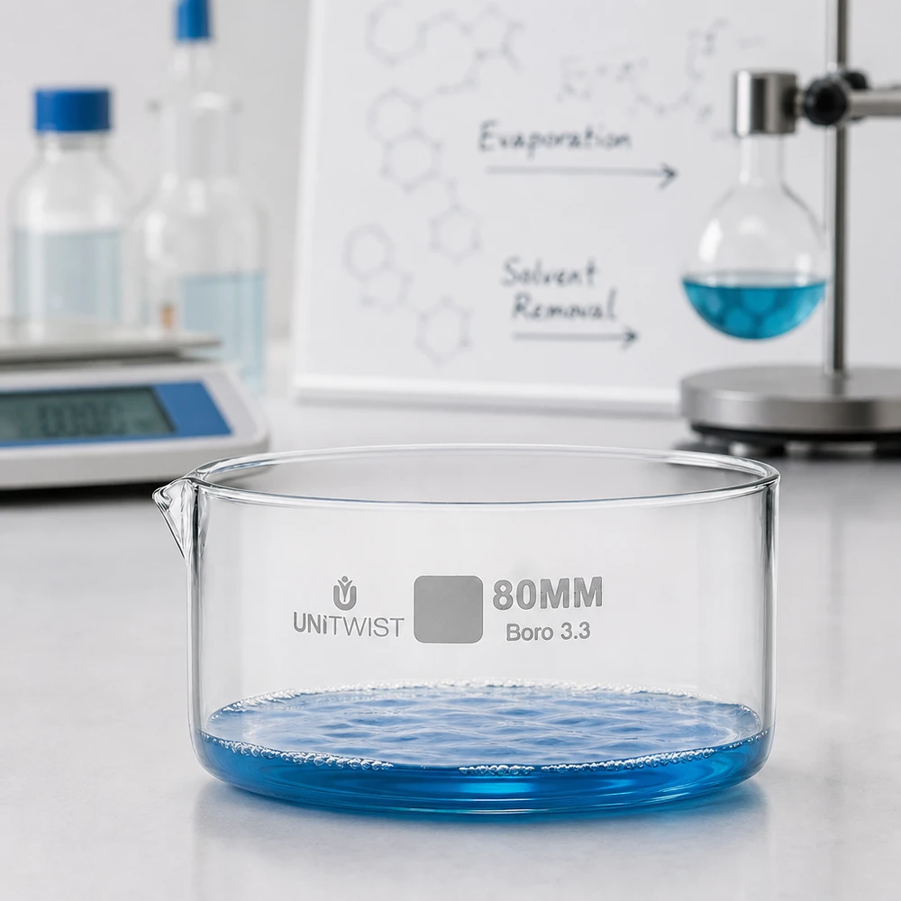 Kiteytysastia ø80mm borosilikaattilasi UNiTWIST. UNiTWIST-kiteytysastia, halkaisija 80 mm, borosilikaattilasi 3.3, jossa on sinistä nestettä valkoisella laboratoriopinnalla