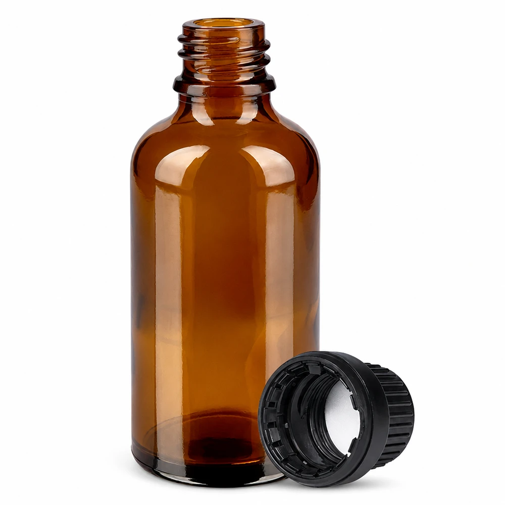 50ml meripihkanvärinen lasi apteekkipullo 11mm kierteellä ja mustalla korkilla lääkkeille.