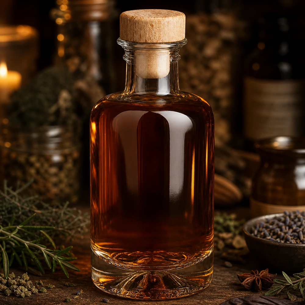100ml Glasflasche Sofia mit Holzkorken gefüllt mit bernsteinfarbener Flüssigkeit zwischen Gewürzen und Kräutern Destille