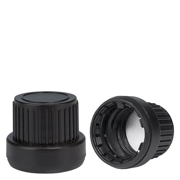 Ruuvikorkki yläosa PE-tiivisteellä musta 18mm peukaloinnin estävä sulkeminen Ruuvikorkki yläosa PE-tiivisteellä musta 18mm peukaloinnin estävä sulkeminen