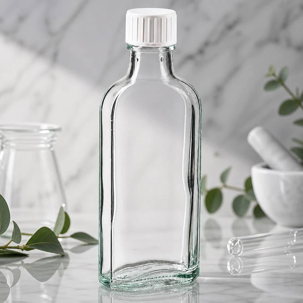 Tyhjä 100 ml:n Meplat-lasipullo, jossa on valkoinen lapsiturvallinen korkki ja kaatorenkaan