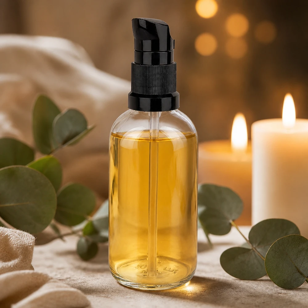 100ml pumppupullo musta vakiokorkki ClearLine UT18/100 100 ml:n kirkaslasipullo, jossa on musta annostelupumppu; kullankeltainen öljy, Eukalyptus Spa Ambiente
