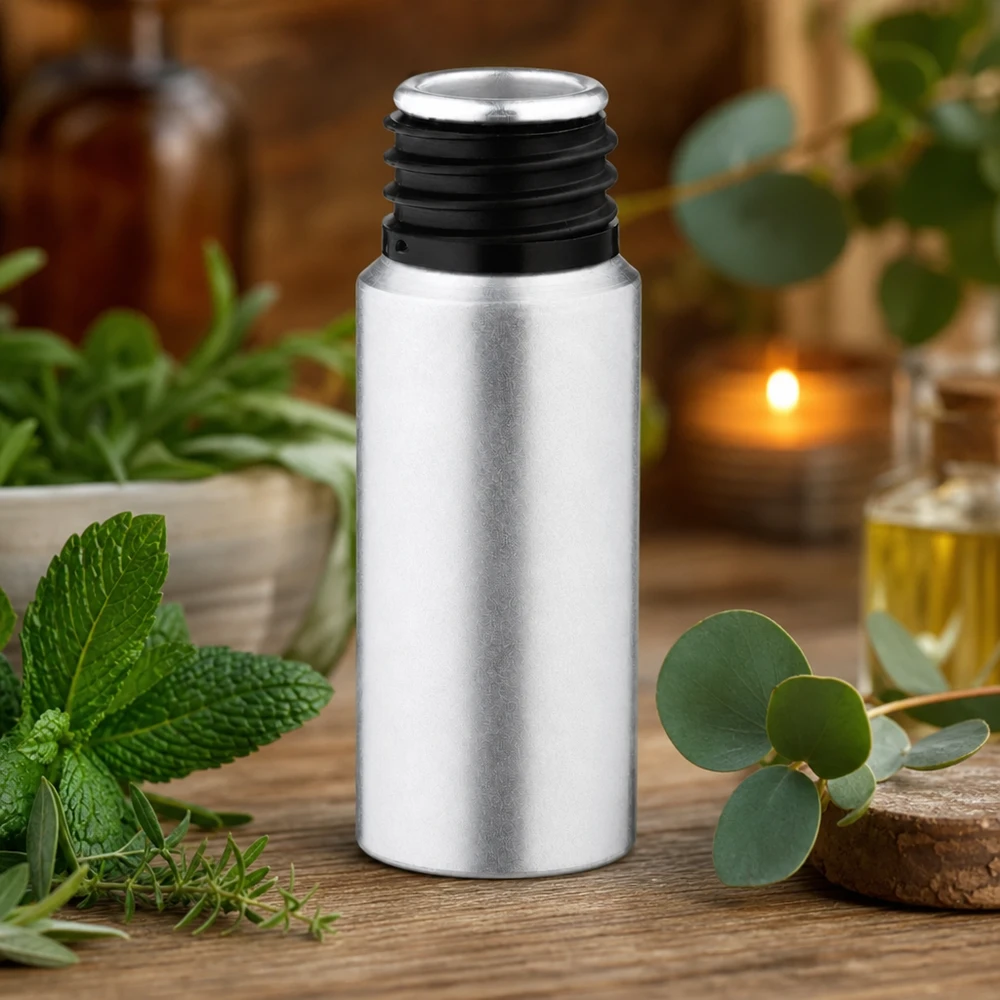 Kompakti 20ml alumiinipullo, jossa on värjätty pinta eteerisille öljyille ja seerumeille.