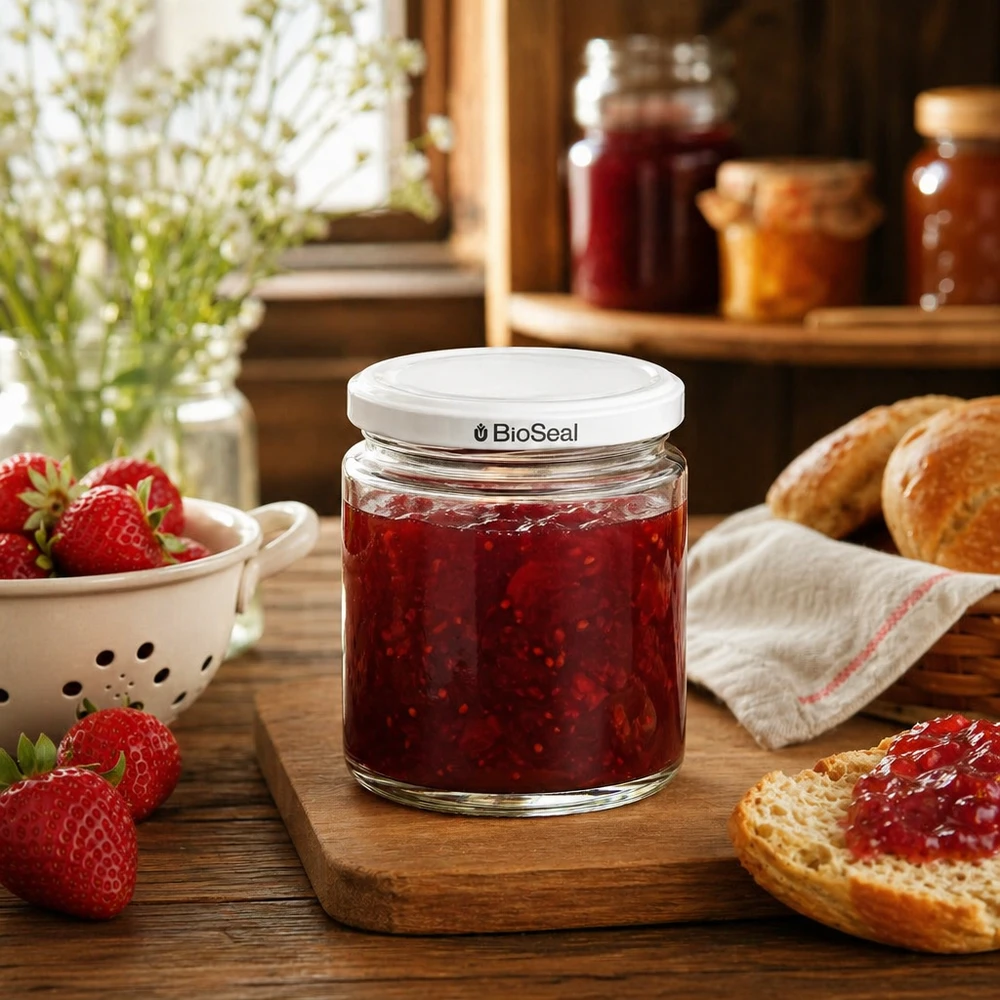 350g Honigglas + BioSeal Deckel weiß UNiTWIST 250 ml:n hunajapurkki, jossa on BioSeal-kansi ja joka on täytetty mansikkahillolla, puulautalla tuoreiden mansikoiden ja leivän vieressä.