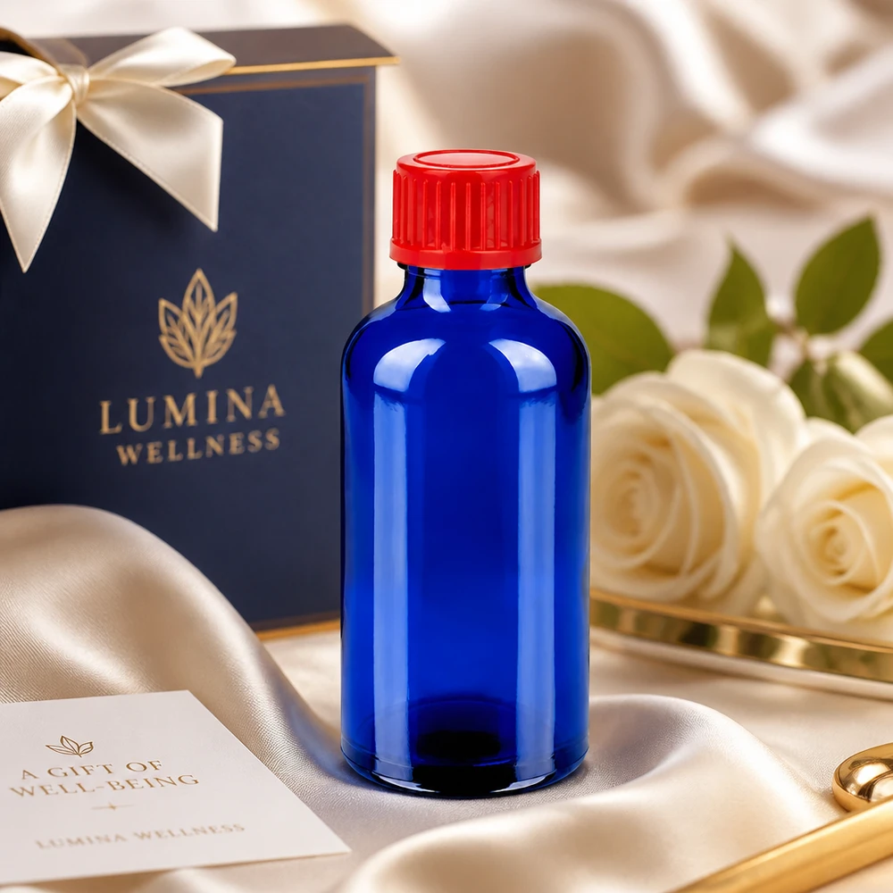 Kompakti 50 ml BlueLine UT18/50 -lasipullo, jossa on kontrastinen punainen ja sininen värisävy.