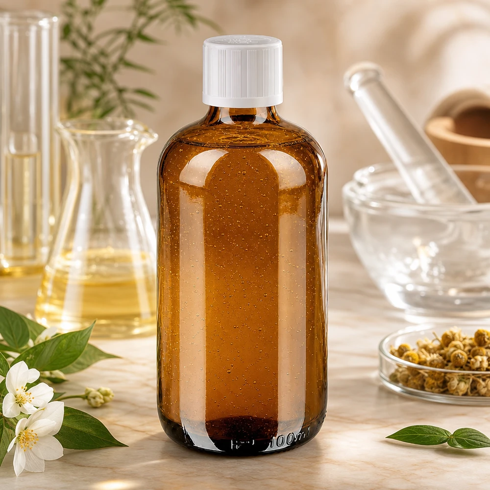 100 ml:n ruskealasi pullo, valkoinen lapsiturvallinen korkki, kamomillankukkia, luonnonlääketiede
