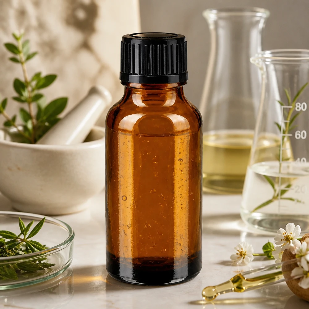 Apteekkipullo ruskea 20ml ruuvikorkki musta standardi Ruskea 20 ml:n lasipullo, jossa on musta korkki, morttelin ja tuoreiden yrttien vieressä