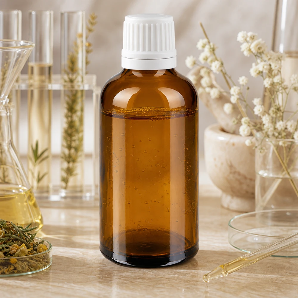 Apteekkipullo ruskea 50ml ruuvikorkki valkoinen väärentämisen estävä sulkeminen. 50 ml:n ruskealasiinen apteekkipullo, jossa on valkoinen kierrekorkki, luonnonkosmetiikkaan ja yrttiuutteisiin