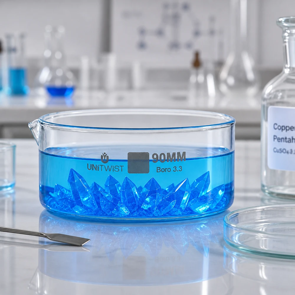 Kiteytysastia ø90mm borosilikaattilasi UNiTWIST UNiTWIST UNiTWIST 90 mm:n kiteytysastia, jossa on sinisiä kuparisulfaattikiteitä, borosilikaattilasista, laboratorio