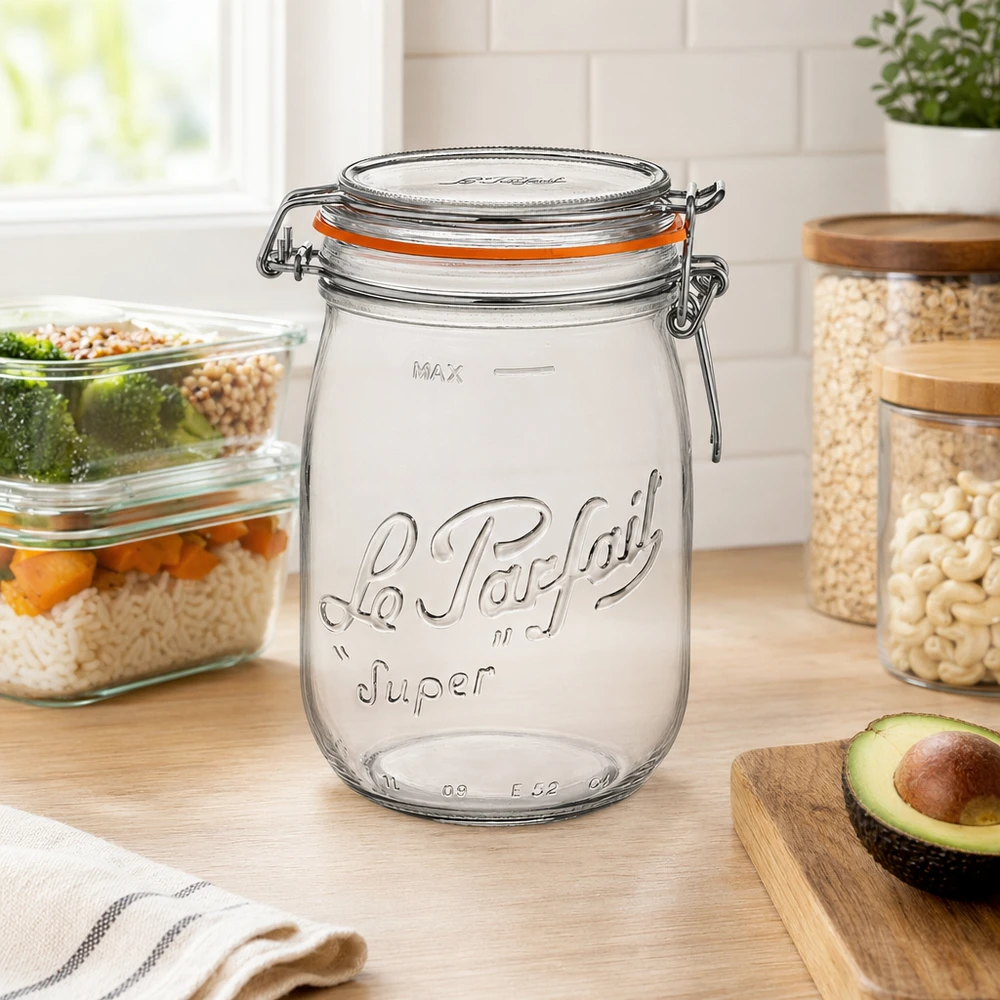 1000ml Vorratsglas "Super" mit Bügelverschluss Le Parfait® 1000ml Le Parfait Super säilytyspurkki, jossa on kääntyvä korkki modernissa keittiössä avokadon ja muiden säilytysastioiden vieressä.