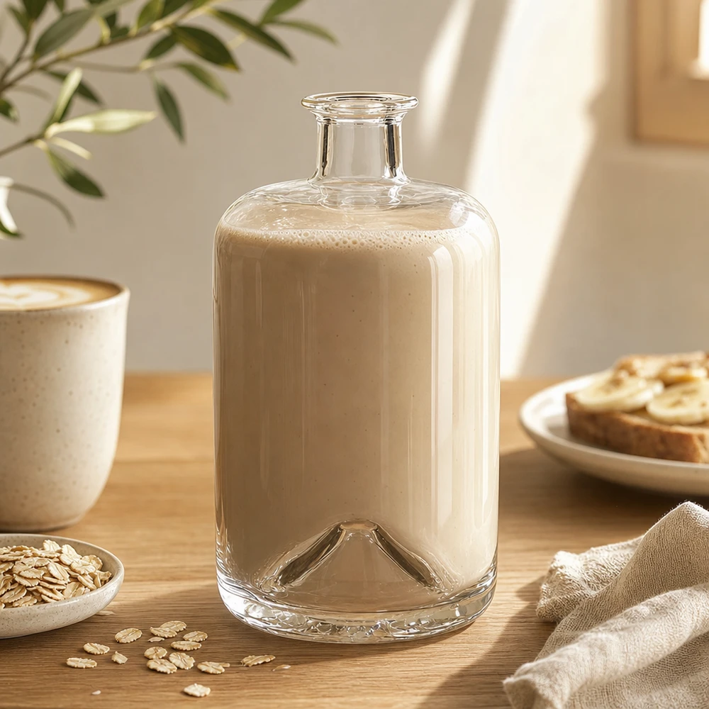 700ml Apothekenflasche "Classic" ohne Verschluss UNiTWIST® 700ml Sofia-lasipullo täynnä kauramaitoa puupöydällä kaurahiutaleiden ja kahvikupin vieressä Lifestyle shot