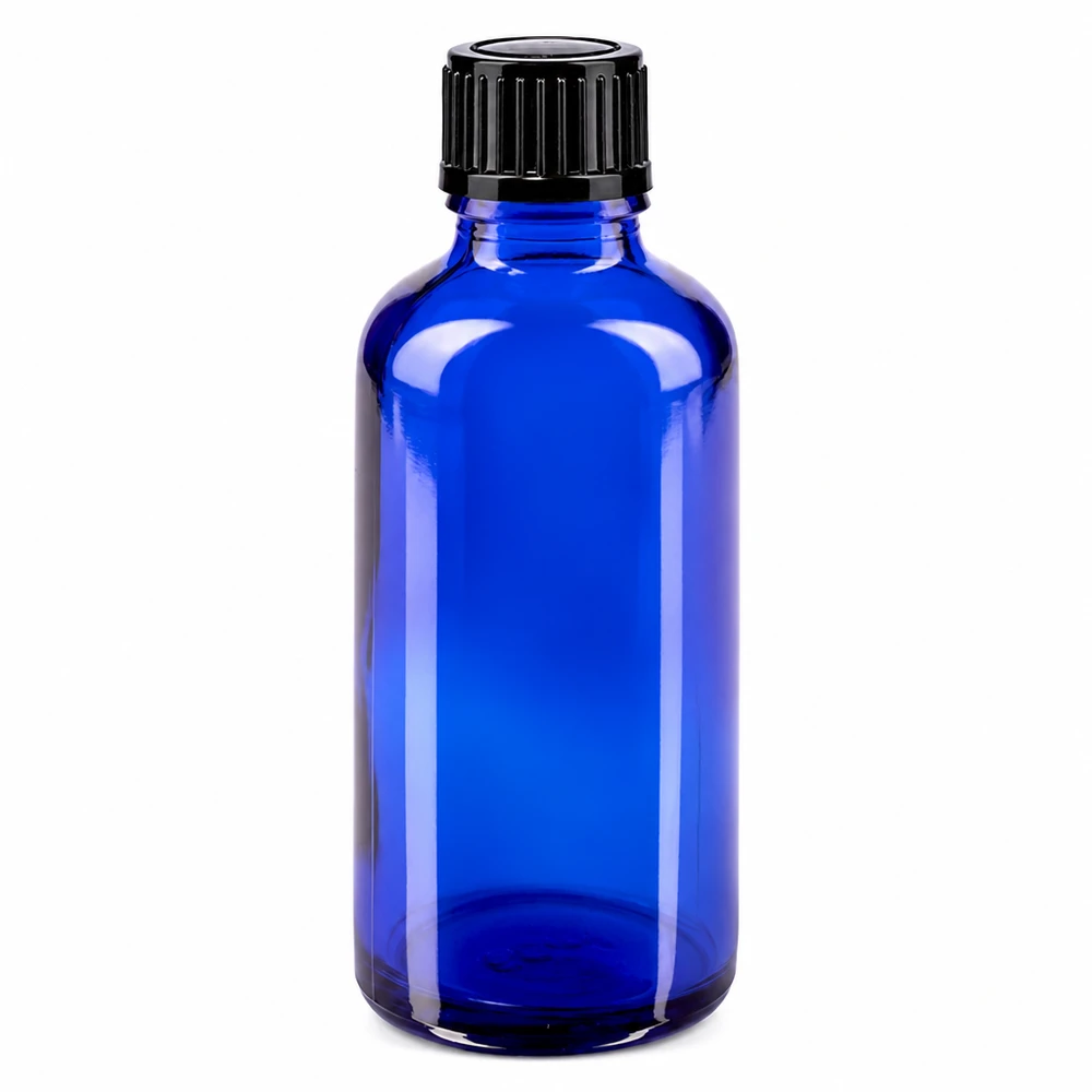 Apteekkipullo sininen 50ml tippapullo korkki 1mm musta standardi 50 ml:n sininen lasipullo, jossa on musta tippakorkki, valmistettu korkealaatuisesta apteekkilasista