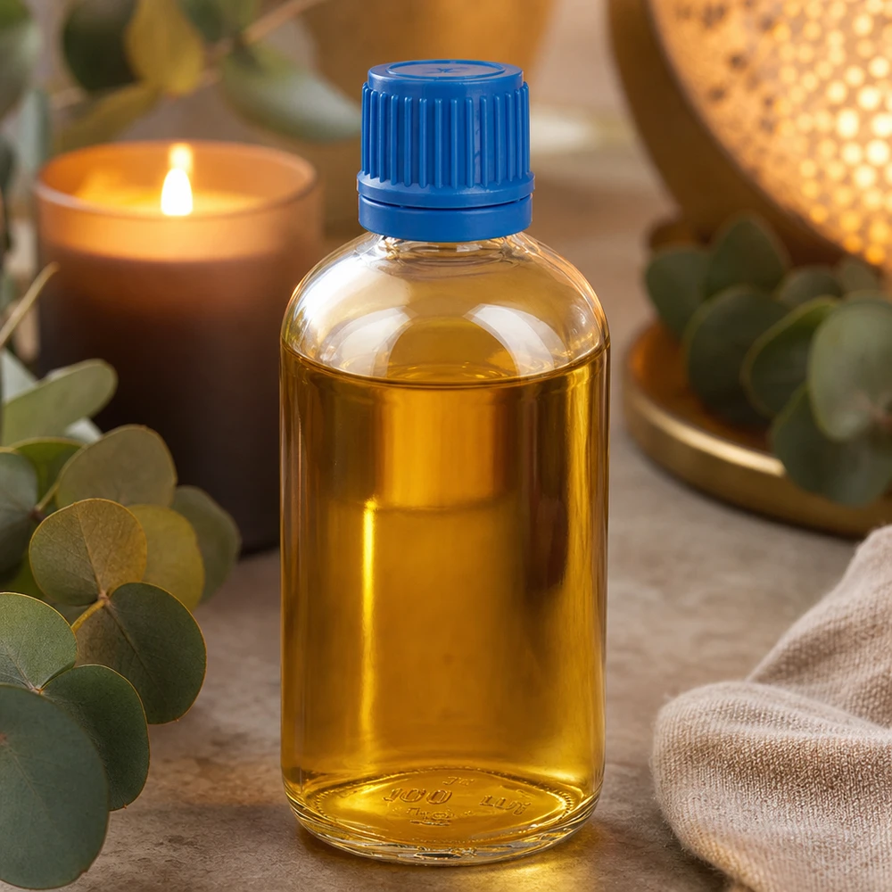 Kultakeltainen öljy 100 ml:n ClearLine-lasipullossa, jossa on sininen 11 mm:n kierrekorkki ja alkuperäispakkaus