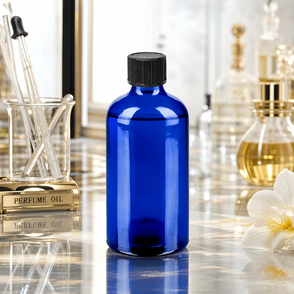 Tyylikäs koboltinsininen tippapullo 100ml, jossa on mattamusta korkki tyylikkääseen tuote-esittelyyn.