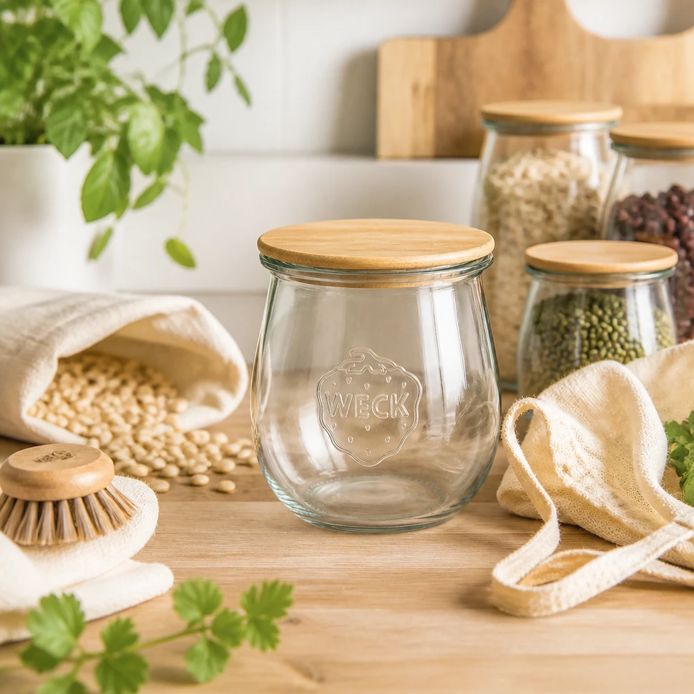 220ml tulppaanipurkki WECK RR60, jossa on puukansi WECK Tulpenglas 220ml RR60 Holzdeckel in Zero-Waste Küche mit Hülsenfrüchten Getreide und nachhaltigen Utensilien