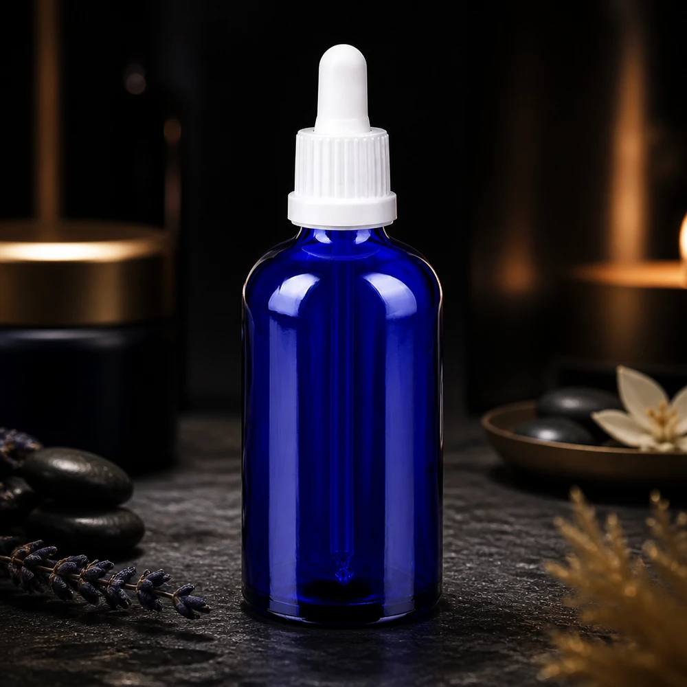 Koboltinsininen lasipullo 100ml, jossa ergonominen pipetti helpottaa käsittelyä BlueLine UT18/100