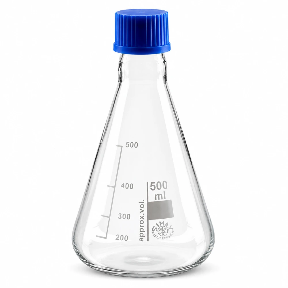Erlenmeyer-pullo 500ml, jossa on kierrekorkki 500ml Erlenmeyer-pullo, jossa on kartiomainen muoto ja käytännöllinen sininen korkki.