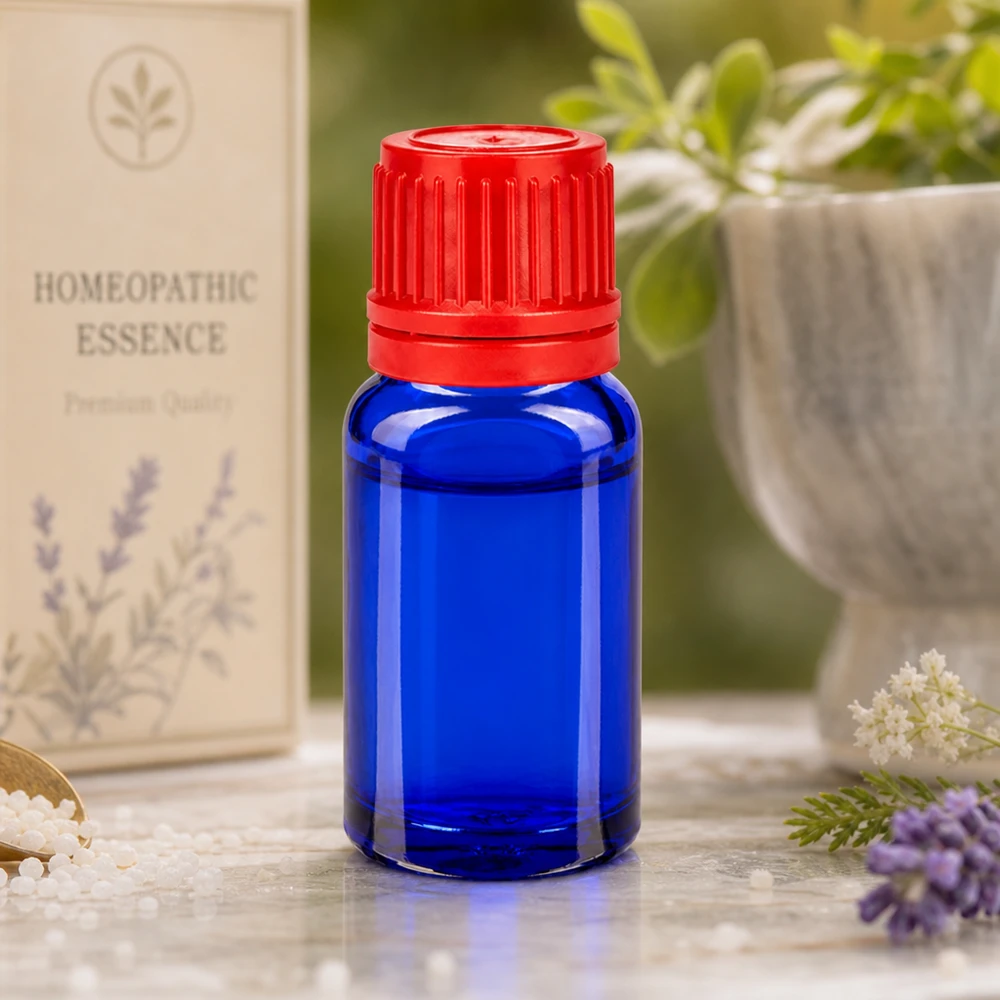 10ml pullo 11mm kierrekorkki punainen väärentämisen estävä korkki BlueLine UT18/10 10ml sininen apteekkipullo punaisella korkilla 11mm SV homeopaattisille esansseille ja luontaislääkkeille.