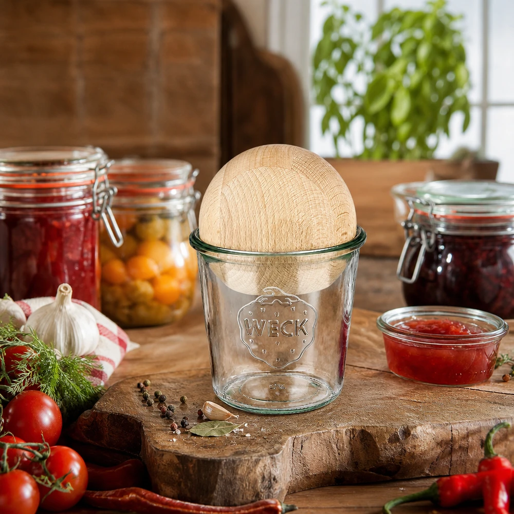WECK-purkki 580ml RR100 pyökkipuun pallolla maalaismaisessa keittiössä säilöntäpurkkien ja tuoreiden ainesosien välillä