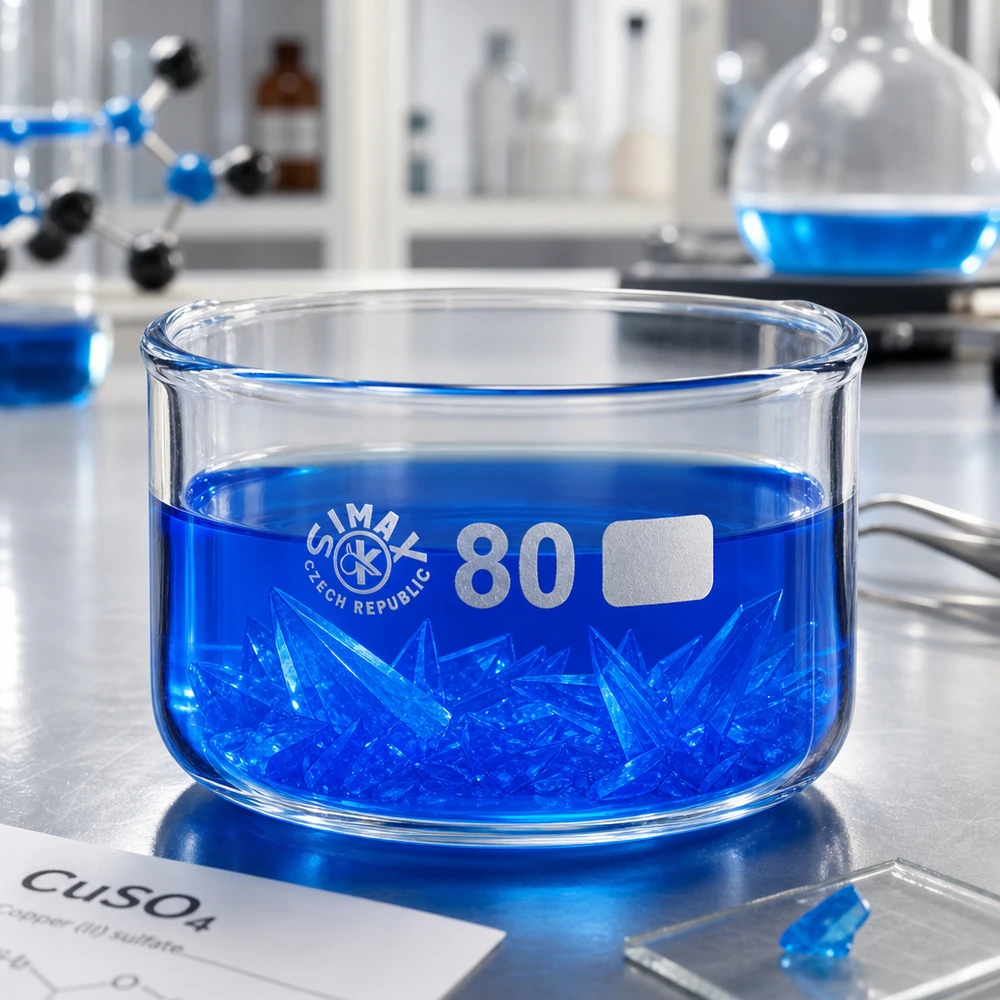 150ml kiteytysmalja ilman suihkua borosilikaatti ø80mm Siniset kuparisulfaattikiteet 150 ml:n borosilikaattilasista valmistetussa kiteytyskulhossa, halkaisija 80 mm, SIMAX