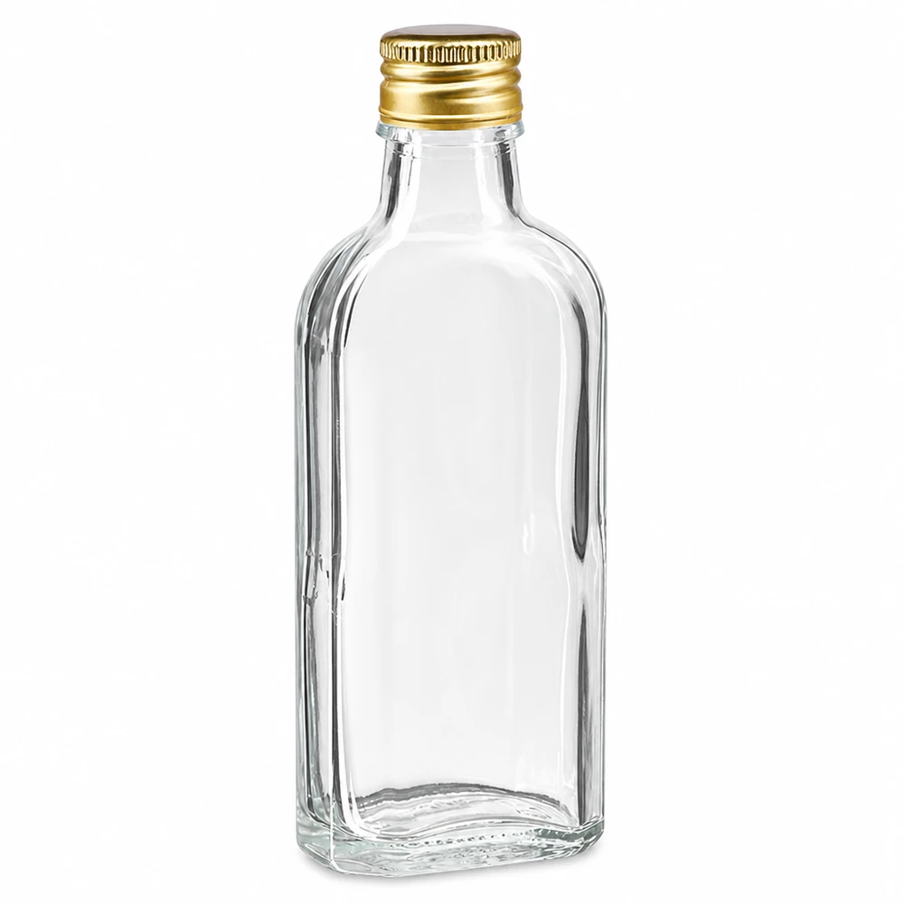 100 ml Meplat kirkas, alumiinikorkki kultainen PP22. 100 ml:n Meplat-lasipullo, kirkas, kultaisella alumiinikorkilla (PP22), väkeville alkoholijuomille ja likööreille